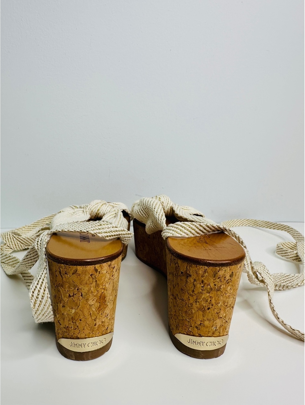 Jimmy Choo Cork Wedge Sandals Size 35 Ivory Gold Bow Lace Up Made Spain - Picture 5 of 9